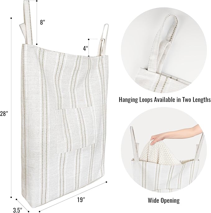 AELS Farmhouse Hanging Laundry Hamper with 2 Hooks, Boho Beige & Brown Stripes Laundry Bag with Zipper & Wide Open Top, Over the Door Organizer for Dirty Clothes, Washable Space Saving Storage