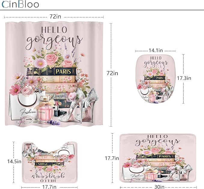 Cinbloo 4Pcs Pink Floral Shower Curtain Set, Fashion Flower Perfume High Heels Wildflower Girly Bathroom Curtain with Rug, Toilet Lid Cover, Bath Mat, Inspirational Quotes Shower Curtain with 12 Hooks
