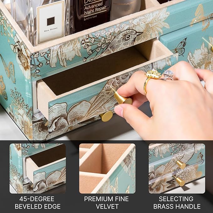 Glass Makeup Organizer for Vanity - Vanity Case with Drawers & Velvet Lining, Countertop Organizer for Lipstick, Brushes, Skincare, Perfume - Valentine's Day Gifts for Women