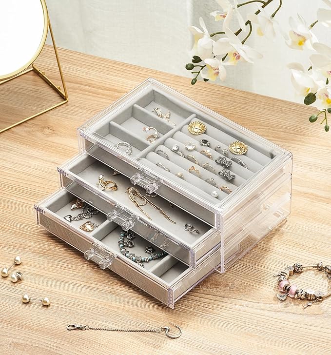 DOZZZ Acrylic Jewelry Organizer Box with 3 Drawers, Clear Earring Storage Display Case Holder with Adjustable Velvet Trays for Rings Necklace Bracelet Women