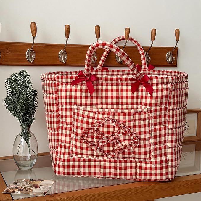 Quilted Fabric Basket Car Storage Basket Boho Floral Laundry Hamper for Nursery Bedroom & Living Room | Organize Clothes Toys (Red Gingham Check)