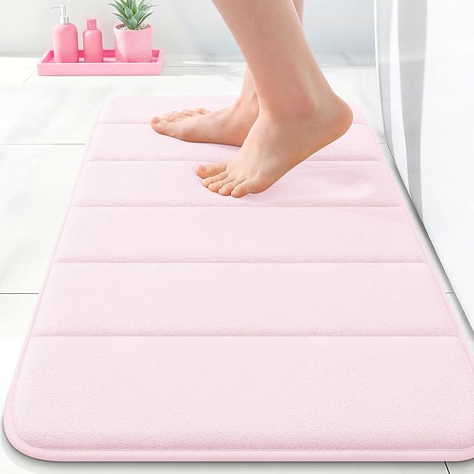 OLANLY Memory Foam Bath Mat 24x16, Super Soft Absorbent Bathroom Rugs, Quick Dry, Machine Washable Shower Floor Rugs, Bathmat Carpet, Bathroom Home Decor Accessories, Pink