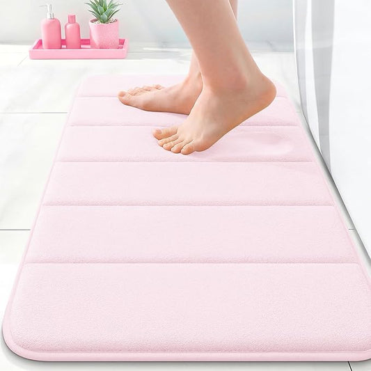 OLANLY Memory Foam Bath Mat 24x16, Super Soft Absorbent Bathroom Rugs, Quick Dry, Machine Washable Shower Floor Rugs, Bathmat Carpet, Bathroom Home Decor Accessories, Pink