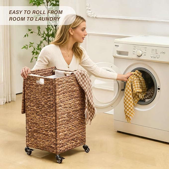 Hand-Woven Laundry Basket with Wheels, Natural Water Hyacinth Laundry Hamper with Lid, Removable & Machine-Washable Liner,Clothes Hamper for Bathroom and Laundry Room(65L,Espresso)