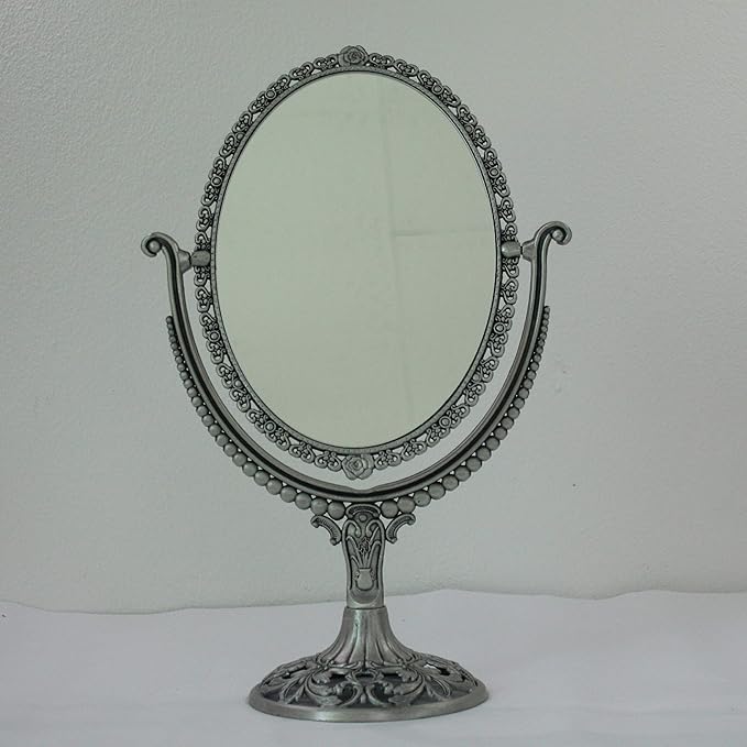 SEHAMANO Vintage Oval Double Sided Embossed Roses Frame Makeup Table Mirror for Bathroom Bedroom Dressing, Antique Decorative Vanity Cosmetic Metal Stand Mirror (Large, Tin (Matt Silver))