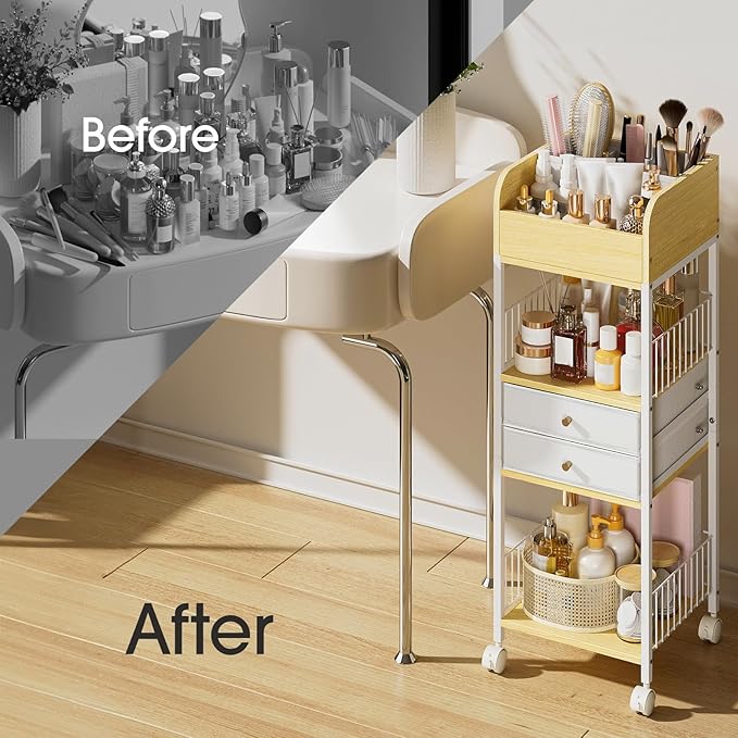 Makeup Organizer Storage Rolling Cart, Floor Bathroom Organizers with Drawers Wheels, Versatile Skincare Perfume Hair Nail Accessories Vanity Craft Organizer, for Dorm Kitchen Home White Metal Wood