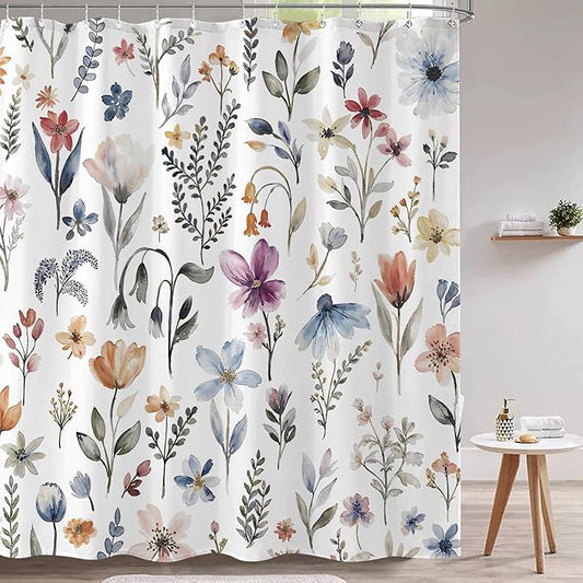 Aipon Watercolor Floral Shower Curtain Colorful Spring Flower Shower Curtains for Bathroom Boho Grey Pink Wildflower Botanical Leaf Waterproof Fabric Bath Curtain Decor 72 X 72 Inches