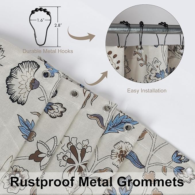 MUGINYU Vintage Farmhouse Linen Shower Curtain,Botanical Floral Toile Shower Curtain,Colorful Leaves Bath Curtains Shower,Boho Flower Plant Neutral Bathroom Decor (Vintage Flower Blue)