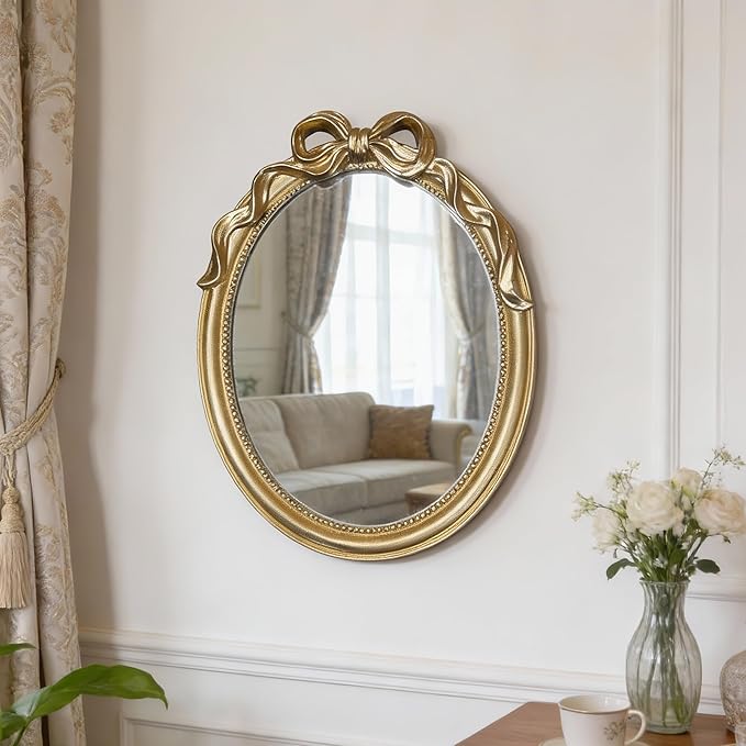 Vintage Vanity Desk Mirror - 13x10 Inch Wall-Mounted & Tabletop Decorative Ornate Gold Accent Retro Makeup Mirror for Bedroom Dresser Bathroom Living Room Dorm Oval
