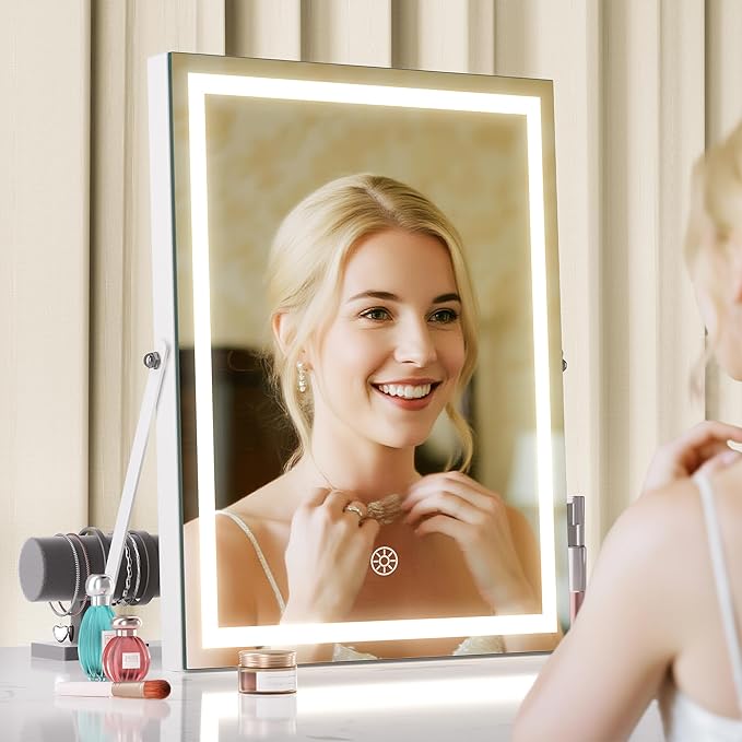MINISO Vanity Mirror with Lights, 9.8" x 11.8" LED Makeup Mirror, Light & Brightness Adjustment, Smart Sensor, Aluminum Alloy Metal White Frame, with 5X Magnifying Glass