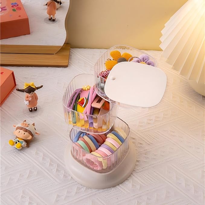 Hair Accessory Organizer, 3-Layer Rotating Clear Hair Tie Organizer for Hair Clips, Headbands, Hair Ties, Earring, Necklace, Ring, Jewelry Boxes & Organizers for Girls & Women (3-Layer???White)