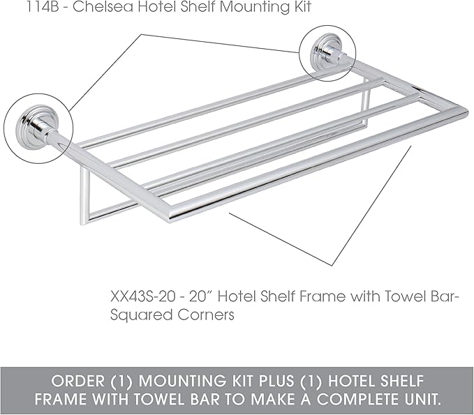 Ginger XX43S-20/PC Hotel Shelf, 20" Frame, Squared Corners w/Towel Bar, Polished Chrome