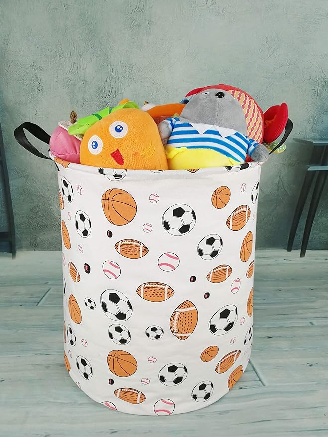KUNRO Round Basketball Football Laundry Gift Basket Storage Hamper, Clothes Storage Organizer Bins, Shelf Basket with Handles for Room Decor (Balls)