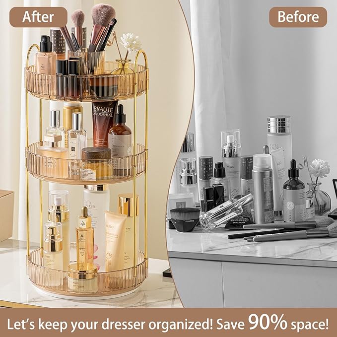 shuang qing Rotating Makeup Organizer for Vanity, High-Capacity Skincare Clear Make Up Storage Perfume Organizers Cosmetic Dresser Organizer Countertop 360 Spinning (Gold, New-3 Tier)