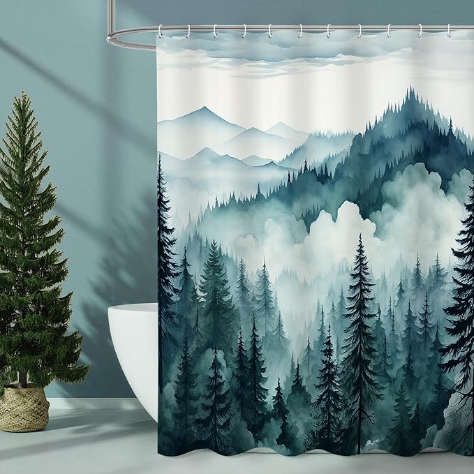 Peacock Blue Misty Pine Forest Shower Curtain, Mountain Foggy Woodland Scenery Tree Shower Curtains for Chic Rustic Bathroom, Abstract Modern Waterproof Nature-Themed Decor, 72x72 Inches