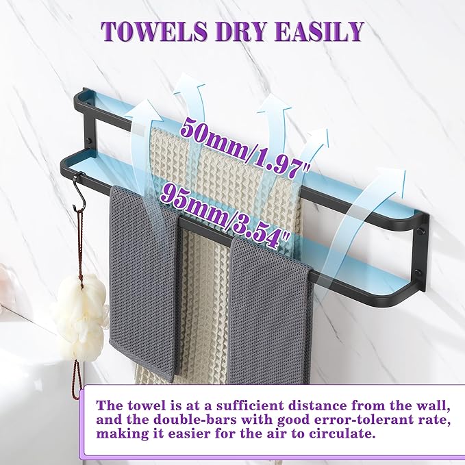 Alise Double Towel Bars for Bathroom,32'' Towel Holder Towel Racks for Bathroom Wall Mount,SUS304 Stainless Steel Double Towel Rail Towel Hanger,Matte Black
