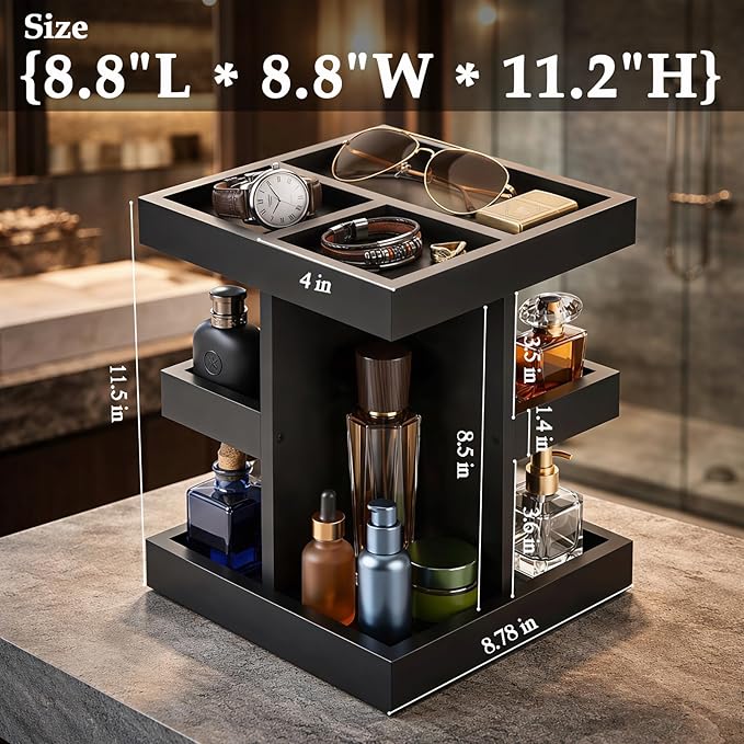 Cologne Organizer for Men Women, 360° rotatable Large Capacity Wood Perfume Shelf with Rotate Makeup Organizer Bathroom Vanity Countertop Storage