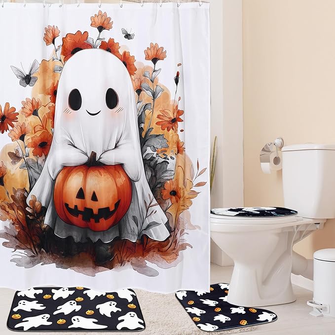 Remagr 4 Pcs Halloween Shower Curtain Set for Bathroom Ghost Pumpkin Halloween Bathroom Curtain Include Ghost Shower Curtains Non Slip Rug Toilet Lid Cover U Shaped Bath Mat and 12 Hooks for Home
