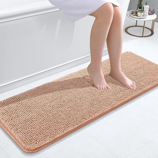 OLANLY Bathroom Rugs 47x17, Extra Soft Absorbent Chenille Bath Rugs, Rubber Backing Quick Dry, Machine Washable Bath Mats for Bathroom Floor, Tub and Shower, Home Decor Accessories, Peach