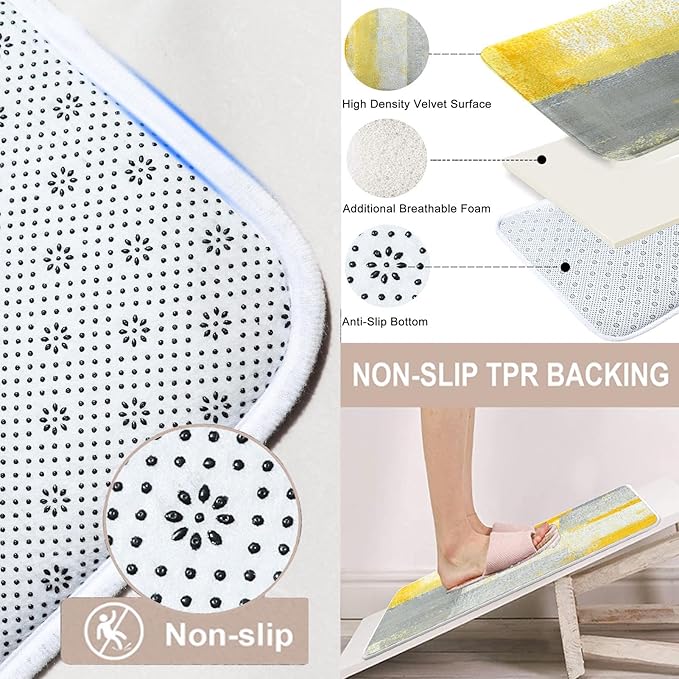ArtSocket 4 Pcs Shower Curtain Set Yellow Grey Abstract Painting Gray Vintage Retro with Non-Slip Rugs Toilet Lid Cover and Bath Mat Bathroom Decor Set