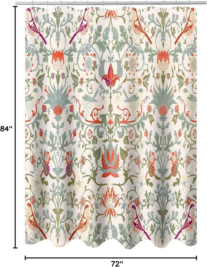 Bohemia William Morris Art Fabric Shower Curtain,Abstract Retro Mid Century Boho Floral Bird Hotel Quality,Machine Washable,84L x72W for Bathroom.
