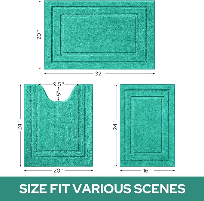 HOMEIDEAS Bathroom Rugs Sets 3 Piece, Super Soft and Absorbent Non Slip Microfiber Toilet Bath Mat with U-Shaped (Teal)