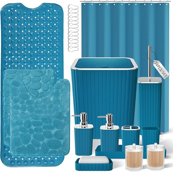 XLHOMO Bathroom Accessories Set - 26PC Gorgeous Teal Bathroom Set, Bathroom Accessory Set, Shower Curtain Set with Bathtub Mats for Shower Tub, Trash Can & Soap Dispenser