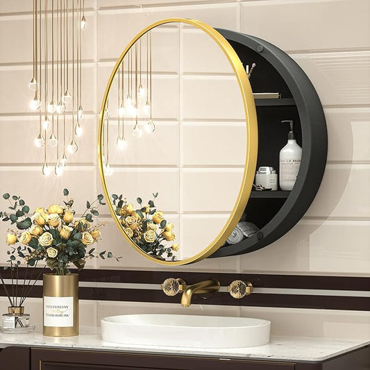 TokeShimi 20 Inch Round Gold Framed Medicine Cabinet for Bathroom with Vanity Mirror Small Metal Bathroom Mirrored Cabinet for Wall Mounted Only Circle Farmhouse Medicine Cabinet Detachable Shelves