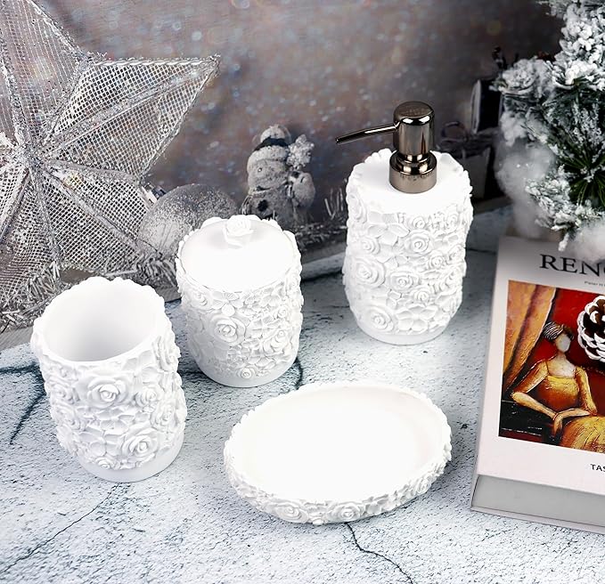 Hymmah Bathroom Accessories Set,Rose Design Bathroom Set,Farmhouse Bathroom Decor,4 Pcs Resin Gift Set Apartment Necessities, Contain Cotton Swab Jar,Soap Dispenser,Soap Dish,Tumbler White