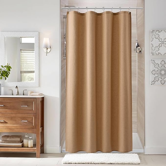 Naturoom Camel 42 Inch Shower Curtain - Stall Narrow Half Linen Ultra Thick Fabric Shower Curtain Set with Hooks, Boho Farmhouse Rustic RV Camper Bath Curtains for Bathroom, 42x72