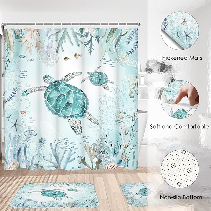 4 Piece Shower Curtain Set, Sea Turtle Waterproof Bathroom Set Accessories with Non-Slip Rugs, Toilet Lid Cover Bath Mat and 12 Hooks, Underwater Coral Starfish Animal Home Decor 72" x 72"