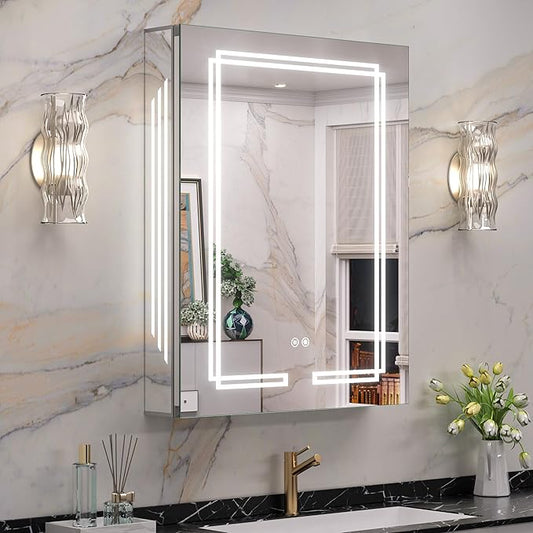 Keonjinn 24 x 32 Inch Medicine Cabinet with Lights, Bathroom LED Medicine Cabinet Mirror, Tempered Glass, UL-Listed, Adjustable Shelves, No Outlets, 3 Color Temperature, Dimmable, Wall Mount Only