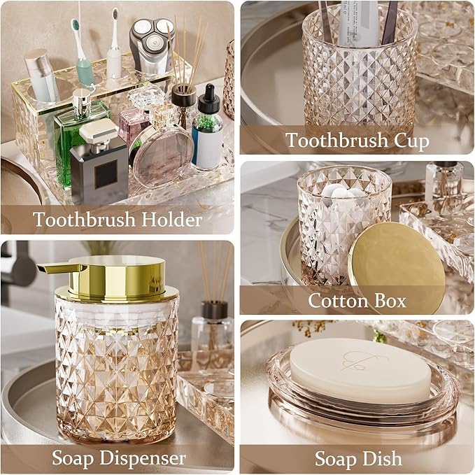 Glass Bathroom Accessories Set 5Pcs Crystal - Brown Foaming Soap Dispenser, Soap Dish, Cup, Acrylic Toothbrush Holder with Tray Organizer, Cotton Swab Jar, Bathroom Counter Set Sink Decor