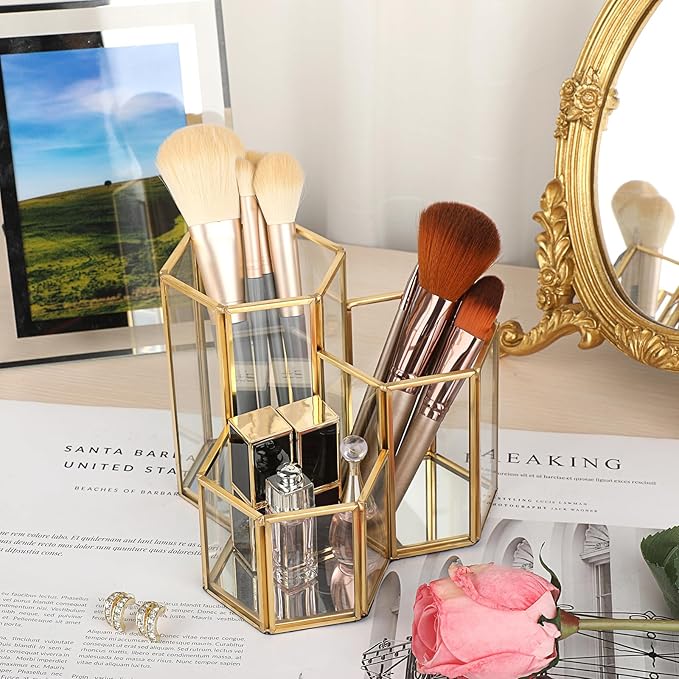 Hipiwe Glass Makeup Brush Holder 3 Slot Mirrored Gold Cosmetics Brush Organizer Eyeliners Display Case Vintage Decorative Makeup Storage Box Desktop Pen Pencil Pot, Large