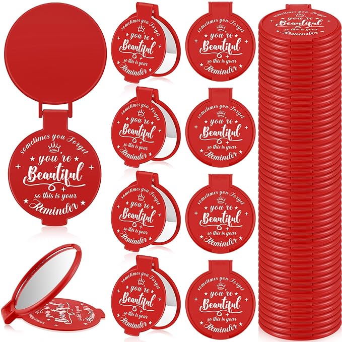 36 Pcs 2.76 Inch Inspirational Compact Mirror Bulk Women Small Gifts Graduation Party Favors Purse Mirror Pocket Mini Stuffer Items for Adult Coworker Cheerleader Employee (Red)
