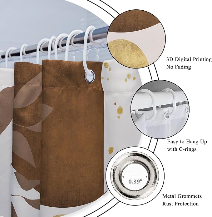 Riyidecor Brown Boho Mid Century 4Pcs Bathroom Shower Curtain Sets Modern Abstract Gold Bathroom Decor Set with Rugs and Accessories Minimalist Toilet Lid Rug, Contour and Bath Mat with 12 Hooks