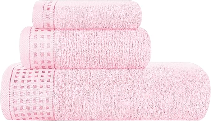 GLAMBURG Ultra Soft 3 Pack Cotton Towel Set, Contains a Bath Towel 28x55 inch, a Hand Towel 16x24 inch & a Wash Coth 12x12 inch, Ideal Everyday use, Compact & Lightweight - Pink