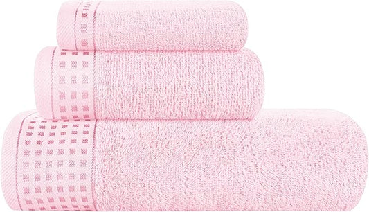 GLAMBURG Ultra Soft 3 Pack Cotton Towel Set, Contains a Bath Towel 28x55 inch, a Hand Towel 16x24 inch & a Wash Coth 12x12 inch, Ideal Everyday use, Compact & Lightweight - Pink