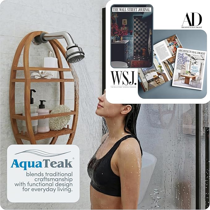 AquaTeak Patented Moa Oval Teak Shower Organizer - Hanging Shower Caddy with Wood Shelves, Hooks & Soap Holder - Durable, Water-Resistant Bathroom Storage with Space-Saving Design