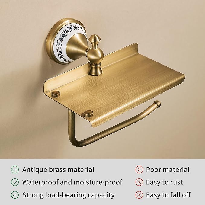 Toilet Paper Holder with Phone Shelf, Bathroom Toilet Paper Roll Holder Antique Bronze Brass Wall Mounted Bathroom Hardware Accessories,Porcelain Design