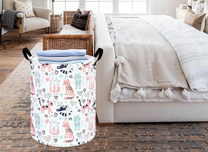KUNRO Round Cat Laundry Gift Basket Storage Hamper, Clothes Storage Organizer Bins, Shelf Basket with Handles for Room Decor