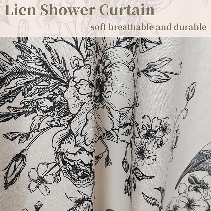 MUGINYU Black Vintage Floral Linen Shower Curtain - Bird & Leaf Print Pattern Farmhouse Rustic Toile Shower Curtains for Bathroom - French Country Bathroom Decor,72x72 Bath Curtain
