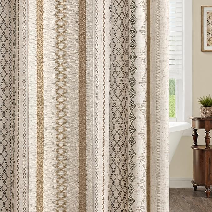 Boho Linen Shower Curtain for Bathroom,with Striped Print and Twine-Inspired Woven Center,72" W x 72" L,Beige