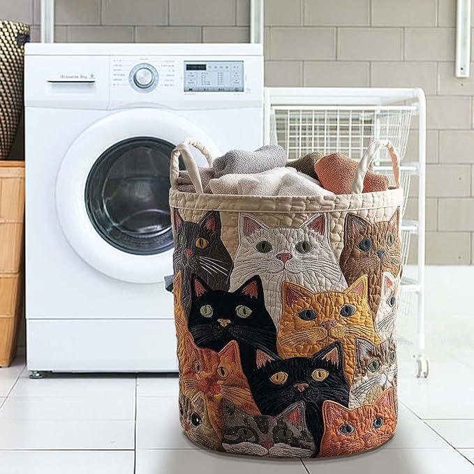 Cute Cat Quilted Laundry Basket with Handles, Boho Floral Fabric Quilted Laundry Basket, Large Soft Collapsible Storage Hamper for Nursery, Bedroom, Bathroom, Clothes & Toy Organization (#05)