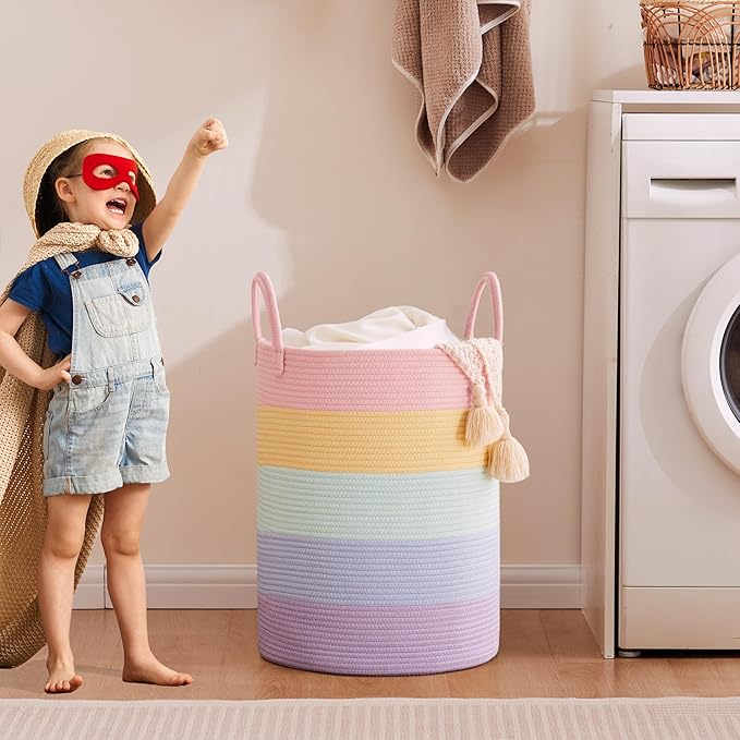 15Dx20H inches Baby Girls Kids Hamper Rainbow Laundry Basket for Nursery Clothes Pastel Unicorn Woven Hamper in Playroom Bedroom 60L Large Tall Blanket Basket