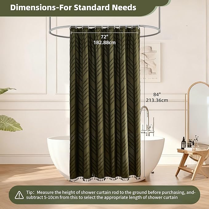 Extra Long Olive Green Boho Shower Curtain with Tassel, Woven Fabric 84 in Shower Curtain, Tufted Chevron Striped, 72 x 84, Modern Chic Textured Minimalist Bathroom Shower
