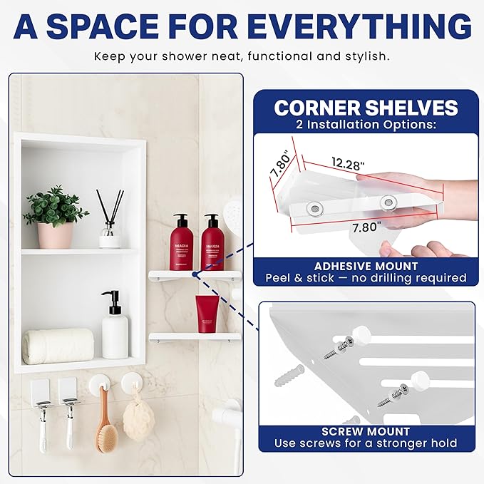 Stainless Steel Shower Niche No Tile Needed 24"x12" Inner Size (25.19"x13.19" Outside Size) Matte White - Niche for Shower Wall - Bathroom Niches - Includes Corner Shelves Razor Holders and Wall Hooks