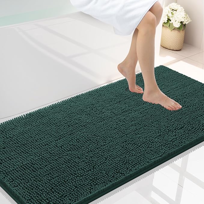Smiry Luxury Chenille Bathroom Rugs 40x24, Extra Soft and Absorbent Shaggy Bath Mat, Machine Washable, Non-Slip Plush Carpet Runner for Tub, Shower, and Floor, Home Decor Accessories, Green