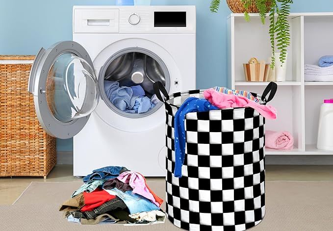 KUNRO Round Black-white Checker Laundry Gift Basket Storage Hamper, Clothes Storage Organizer Bins, Shelf Basket with Handles for Room Decor