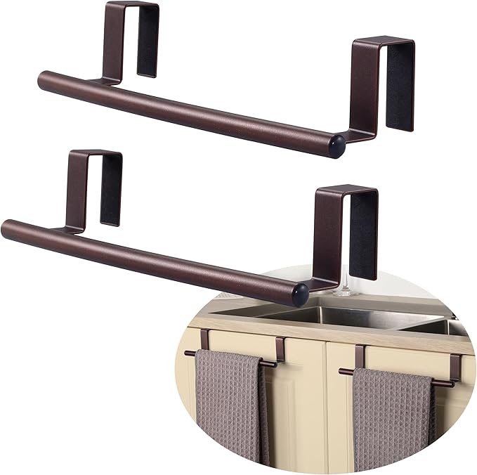 KES Over The Cabinet Towel Holder Fit 1" Thick, Kitchen Towel Holder for Cabinet, Over The Door Towel Bar with Extended Hooks, Brown 2 Pack, KTH500S26-OB-P2